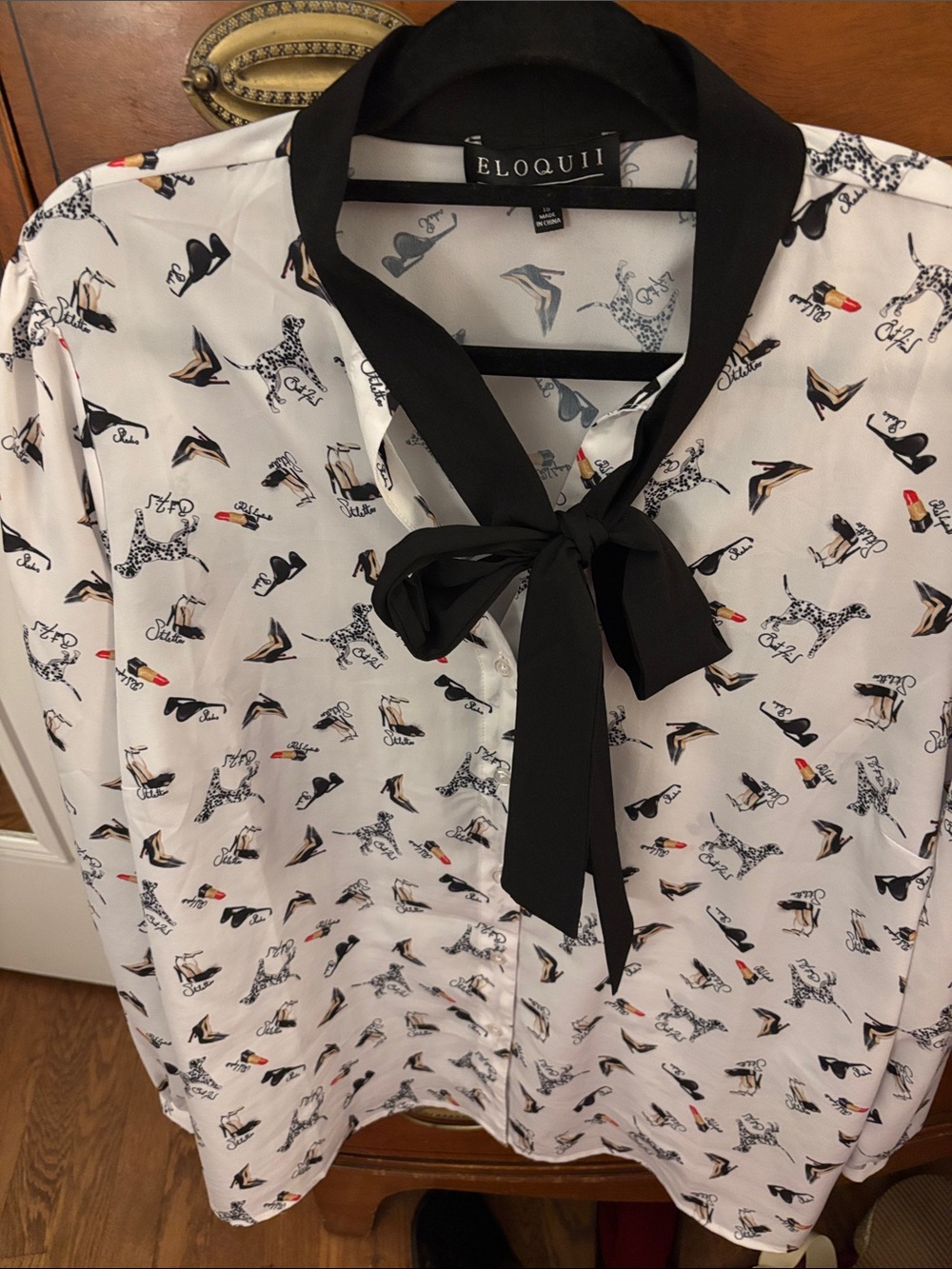 Eloquii White Blouse with Black Tie Collar and Shoe & Lipstick Print